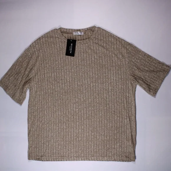 BestShow Shirts Womens L Beige Knit Soft Stretch Casual Shirt Fits24.25x28.5 NEW - Picture 1 of 8